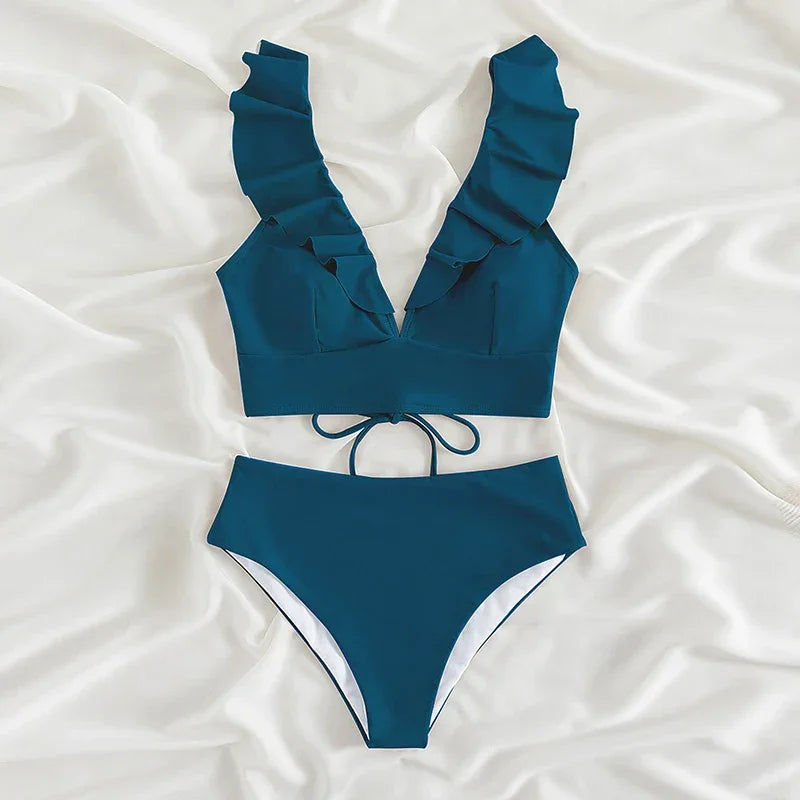 Riseado High Waist Bikinis Set Ruffle Shoulder Sexy Plunging Swimwear Women Bathing Suit Summer Beachwear - Empire P.E