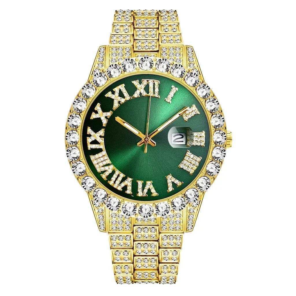 Watch Bracelet Set Hip Hop Stainless Steel Gold Color Calendar Watch for Men Iced Out Paved Rhinestones Men Watch Reloj Hombre - Empire P.E
