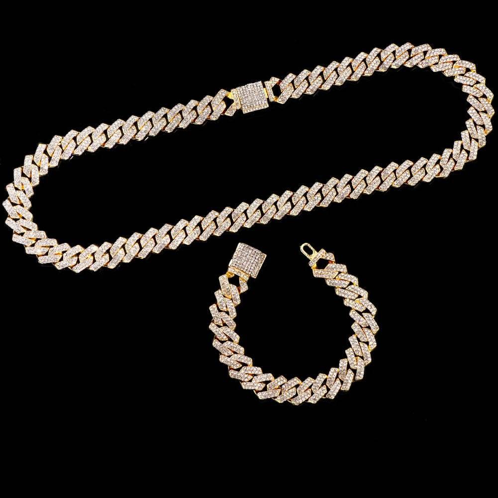 14MM Necklace+Watch+Bracelet Iced Out Watches For Men 2 Row Rhinestone Cuban Chain Necklace Set Women Men Hiphop Jewelry Gift - Empire P.E
