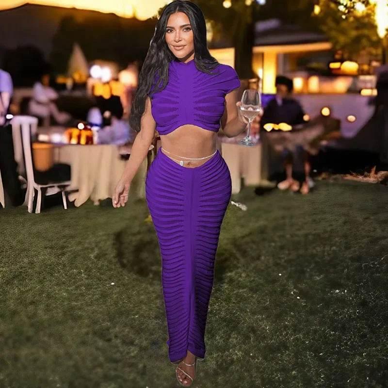 Sexy Knitted Striped 2 Piece Sets Women Outfit Y2K Clothes Birthday Sheer Crop Top and Long Skirt Set Elegant Night Club Outfits - Empire P.E