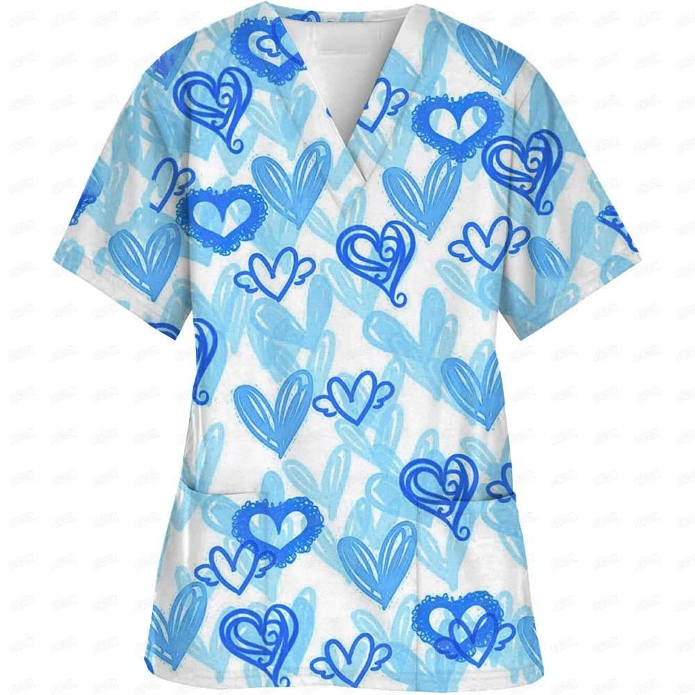Women Easter Day Nurse Uniform Cartoon Print Short Sleeve V Neck - Empire P.E