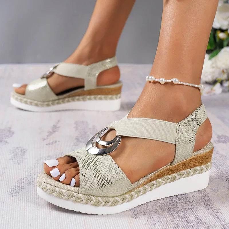 2025 Summer Gold Wedge Heel Sandals Women Fashion Snake Print Platform Sandles Woman Metal Ring Buckle Thick Sole Rome Sandalias - Empire P.E