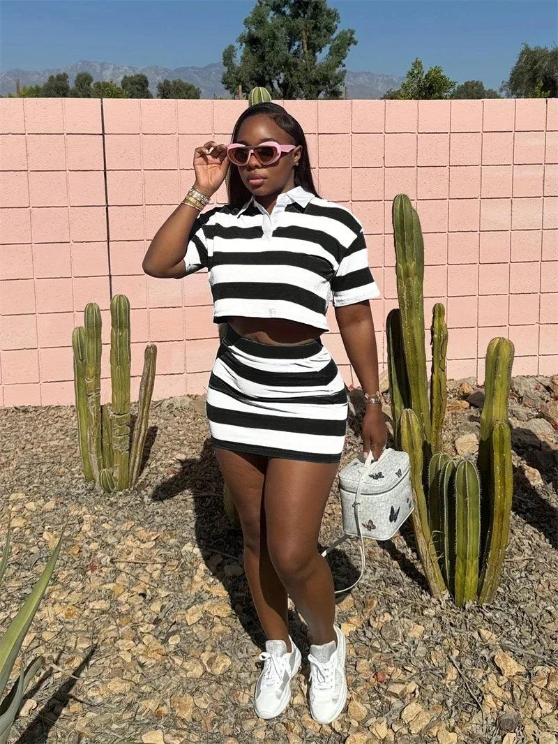 Sporty Fitness Striped Print 2 Pieces Set for Woman Streetwear Casual Turn-down Collar Shirt Crop Top and Mini Skirt Sets Summer - Empire P.E