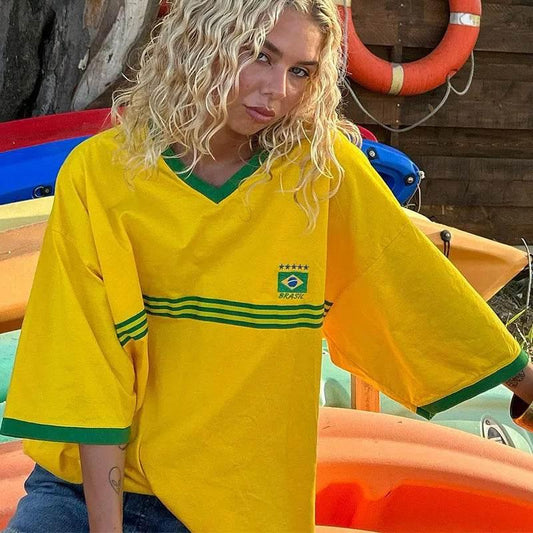 Brazil Embroidery Yellow Tshirt Casual Loose Medium And Long Sleeves Y2k Clothing Tops Oversized T-shirt Beach Summer Women Tees - Empire P.E