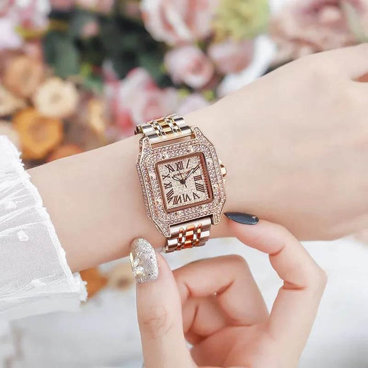 Ladies Dial Quartz Wristwatches Dress Clock Large square diamond-encrusted dial steel belt living waterproof quartz watch - Empire P.E