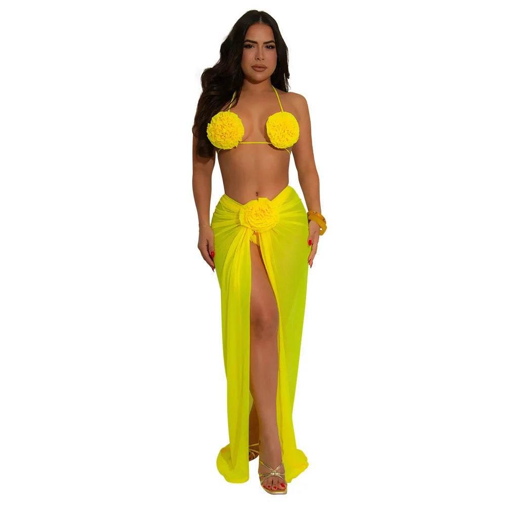 Joskaa Sexy Beach Style Bikini 3 Piece Set Women 3D Flower Halter Bra+Briefs+Sheer Mesh Maxi Skirt Matched 2025 - Empire P.E