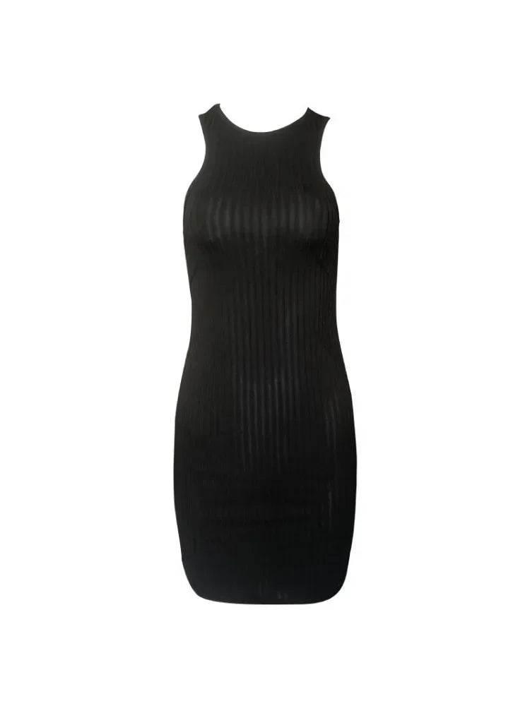 Sexy Stripes Thread Knitting Slim Bodycon Dress Women Sleeveless Solid Color Skinny Mini Dress Elegant Club Party Vestidos - Empire P.E