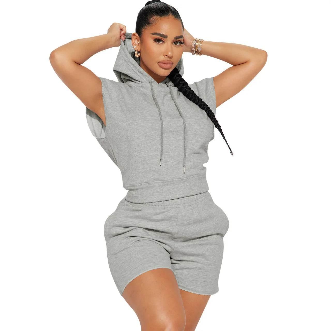 Summer 2024 Women's New Sexy Sleeveless Fashion Casual Sports Short Sleeved Hooded 3/4 Shorts Two Piece Set For Women - Empire P.E