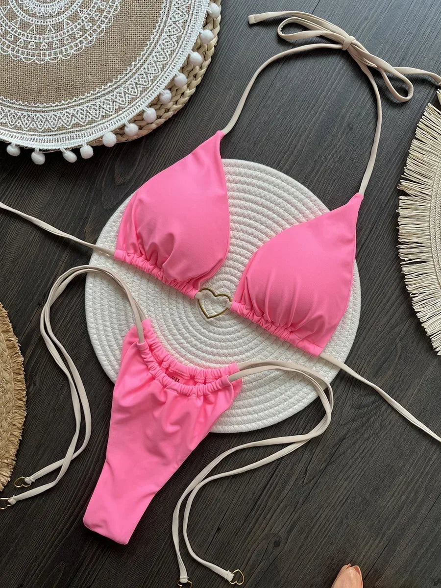 Metal Heart-shaped Halter Mini Micro Thong Bikini