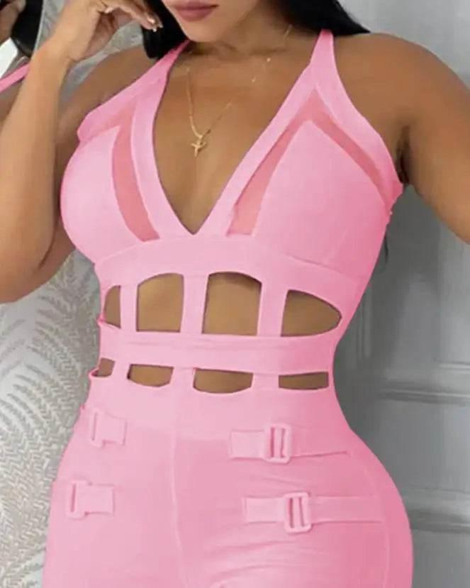 Women's jumpsuit 2025 summer new sleeveless new fashionable hollow camisole buckle comparison mesh tight jumpsuit - Empire P.E