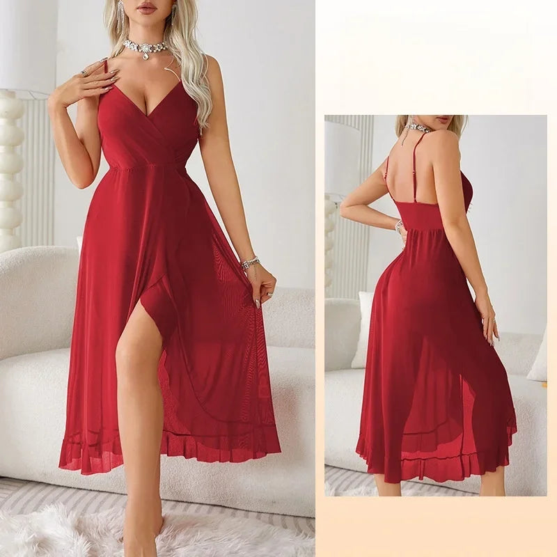 2025 Sleep Shirts Sheer Mesh Slip Dress Criss Cross Back