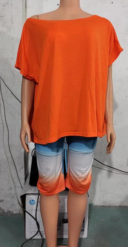Womens Two Piece Sets Outfit Melting Colors All Over Print Skew Neck Top & Shorts Set New Fashion 2023 Summer Casual Female Suit - Empire P.E