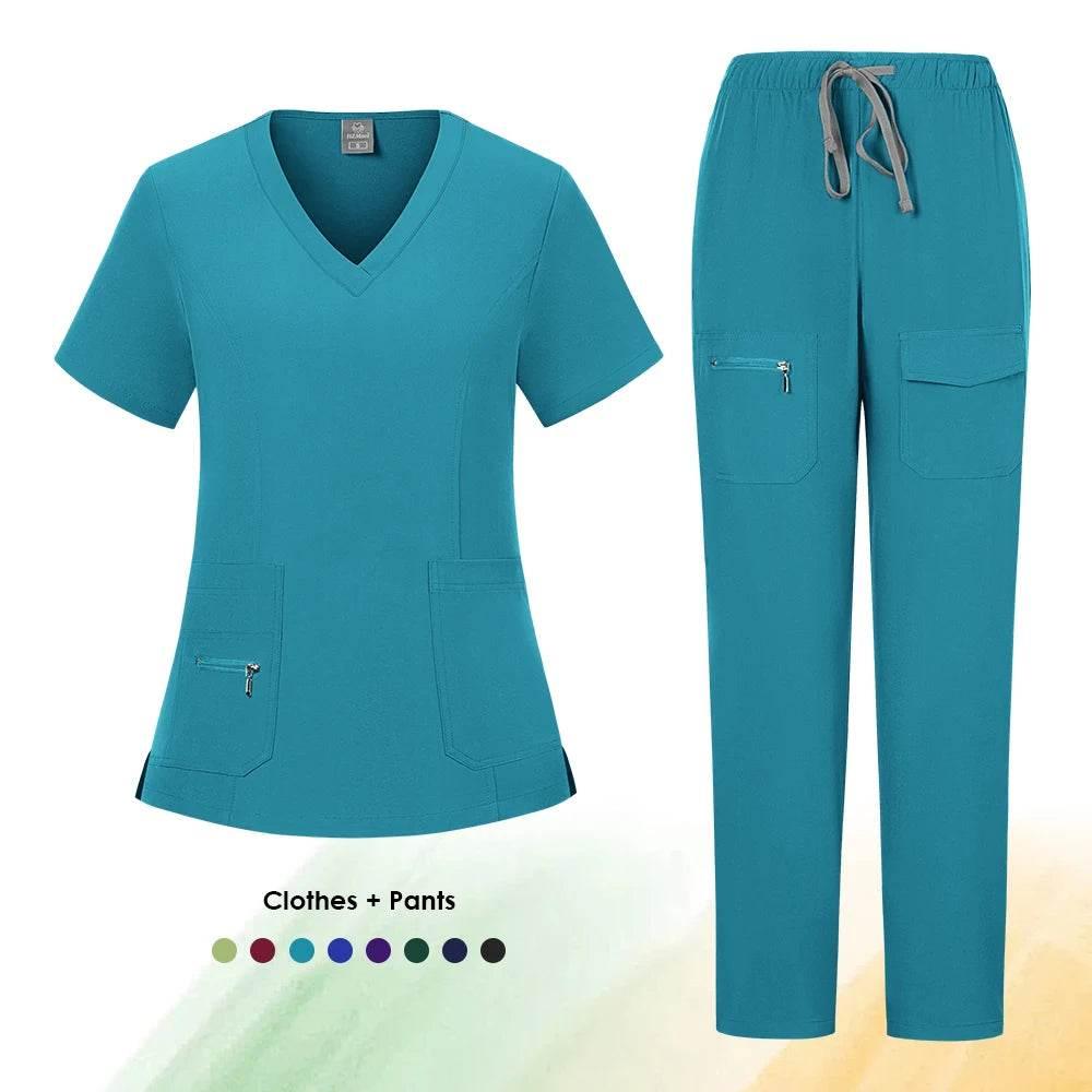 Workwear Nursing Women Scrubs Pants Elastic Wholesale Working Uniform Women Short Sleeve Neck Tops Dental Hospital Scrubs Suits - Empire P.E