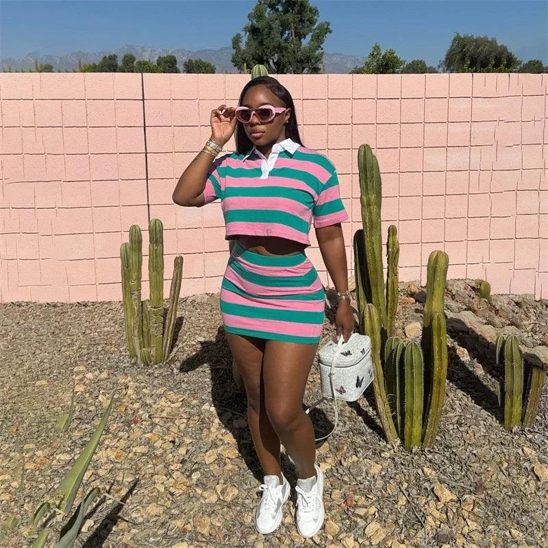 Sporty Fitness Striped Print 2 Pieces Set for Woman Streetwear Casual Turn-down Collar Shirt Crop Top and Mini Skirt Sets Summer - Empire P.E