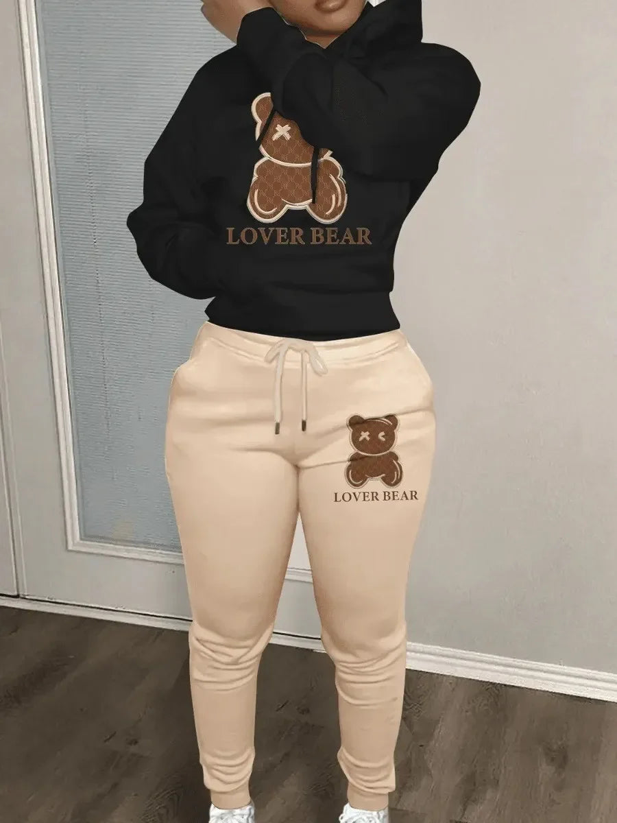 plus size cartoon bear print hooded sweater+woolen pants set