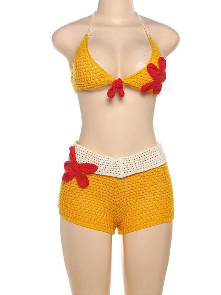 Sexy Beach Knit Skirt Set Women Crochet Flower Bikini Mini Skirt Suits Female 2025 Summer Chic Backless Halter Top Skirts Sets - Empire P.E