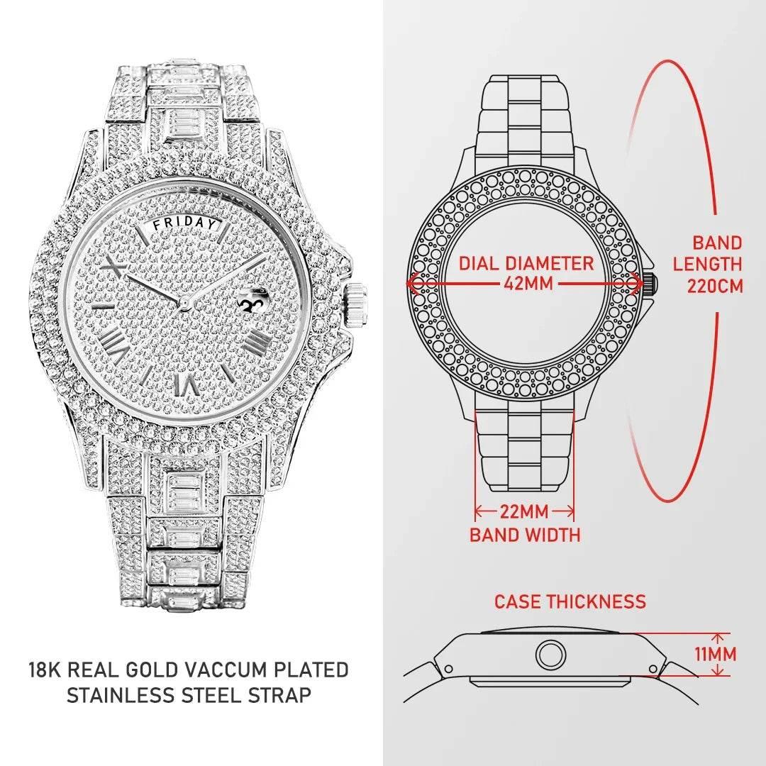 Luxury Shiny Diamond Watch For Men Hip Hop Trendy Iced Out Quartz Watches High Quality Stainless Steel Waterproof Day Date Clock - Empire P.E