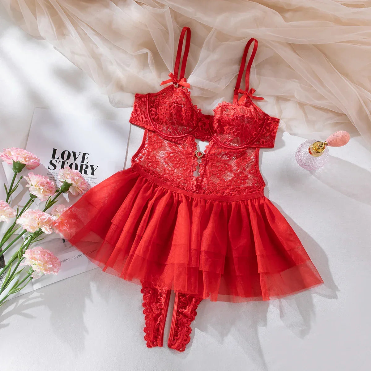 Lace Lingerie Set Women 2-Piece Red Backless Bodysuit - Empire P.E