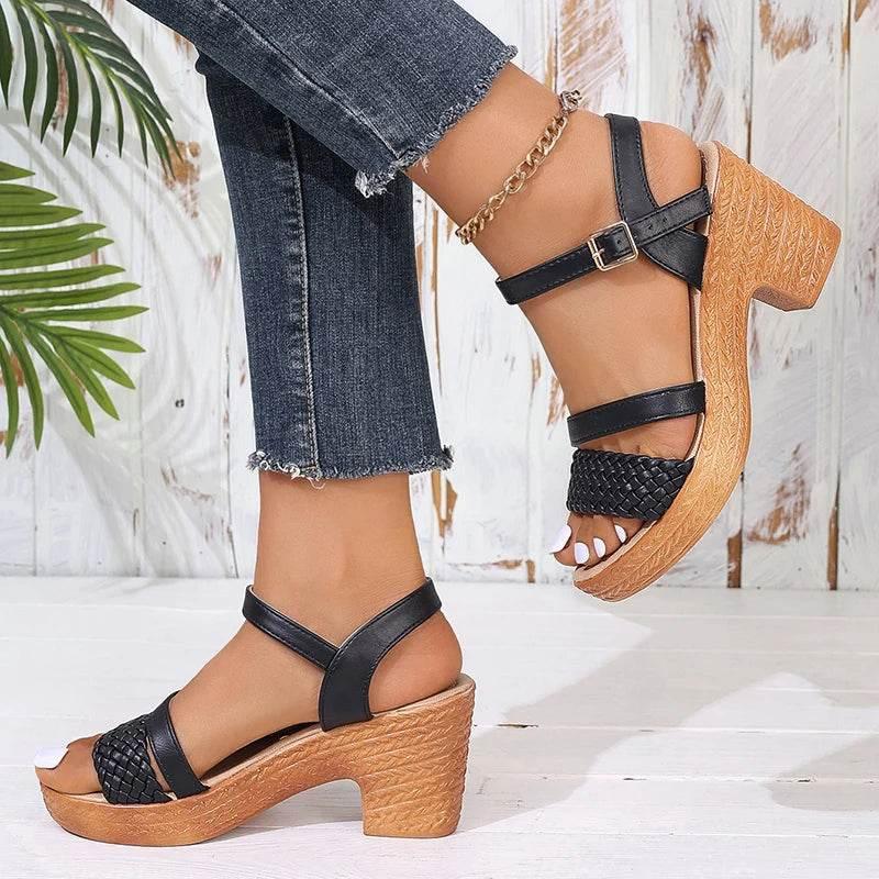 Lucyever Braided High Heels Sandals Women 2025 Summer Pu Leather Platform Gladiator Shoes Woman Ankle Buckle Thick Heel Sandles - Empire P.E
