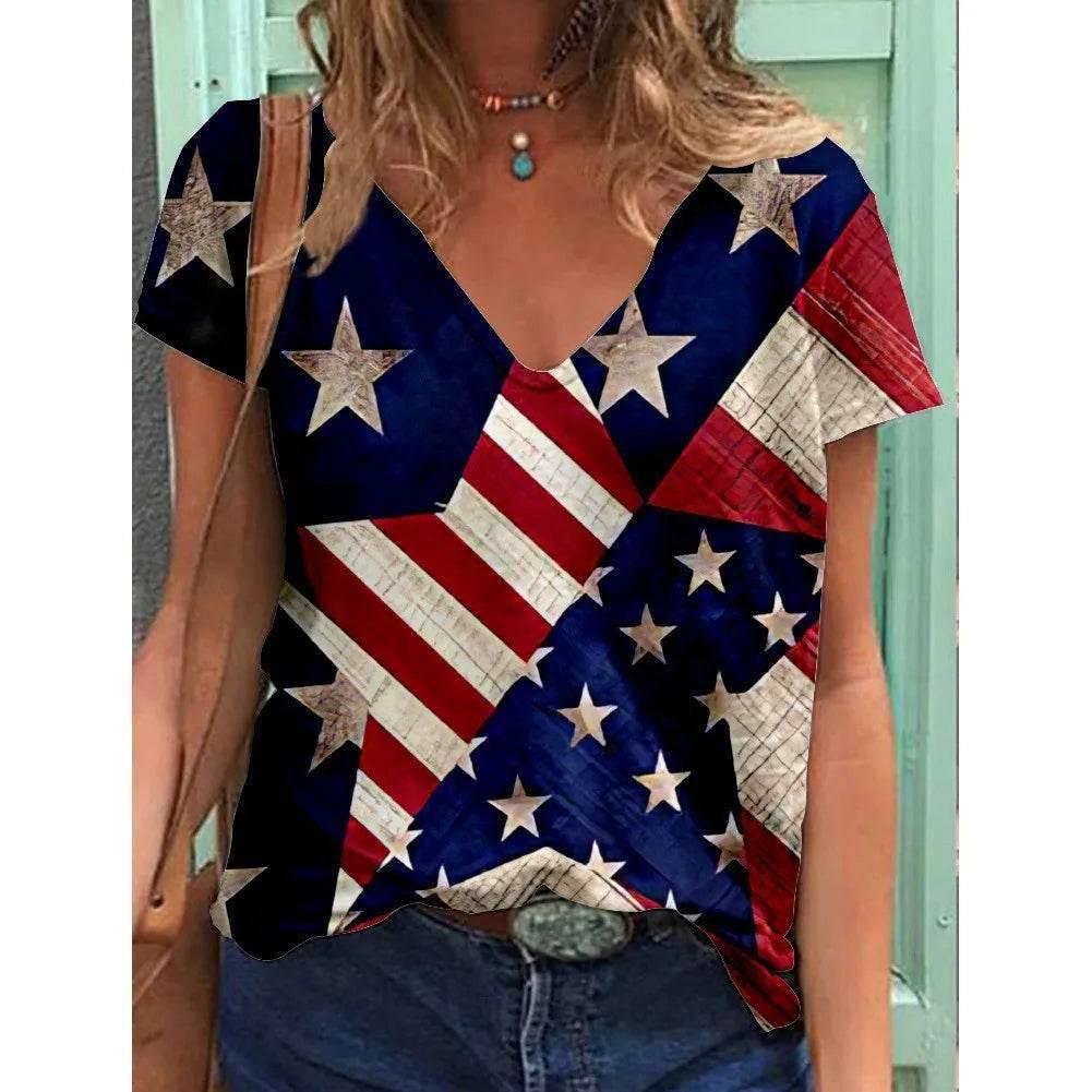 Fashion Women's T Shirt USA Flag Print Harajuku T-shirt Summer 2023 Top Kawaii Tees V Neck Pluse Size American Lady Y2k Clothing - Empire P.E