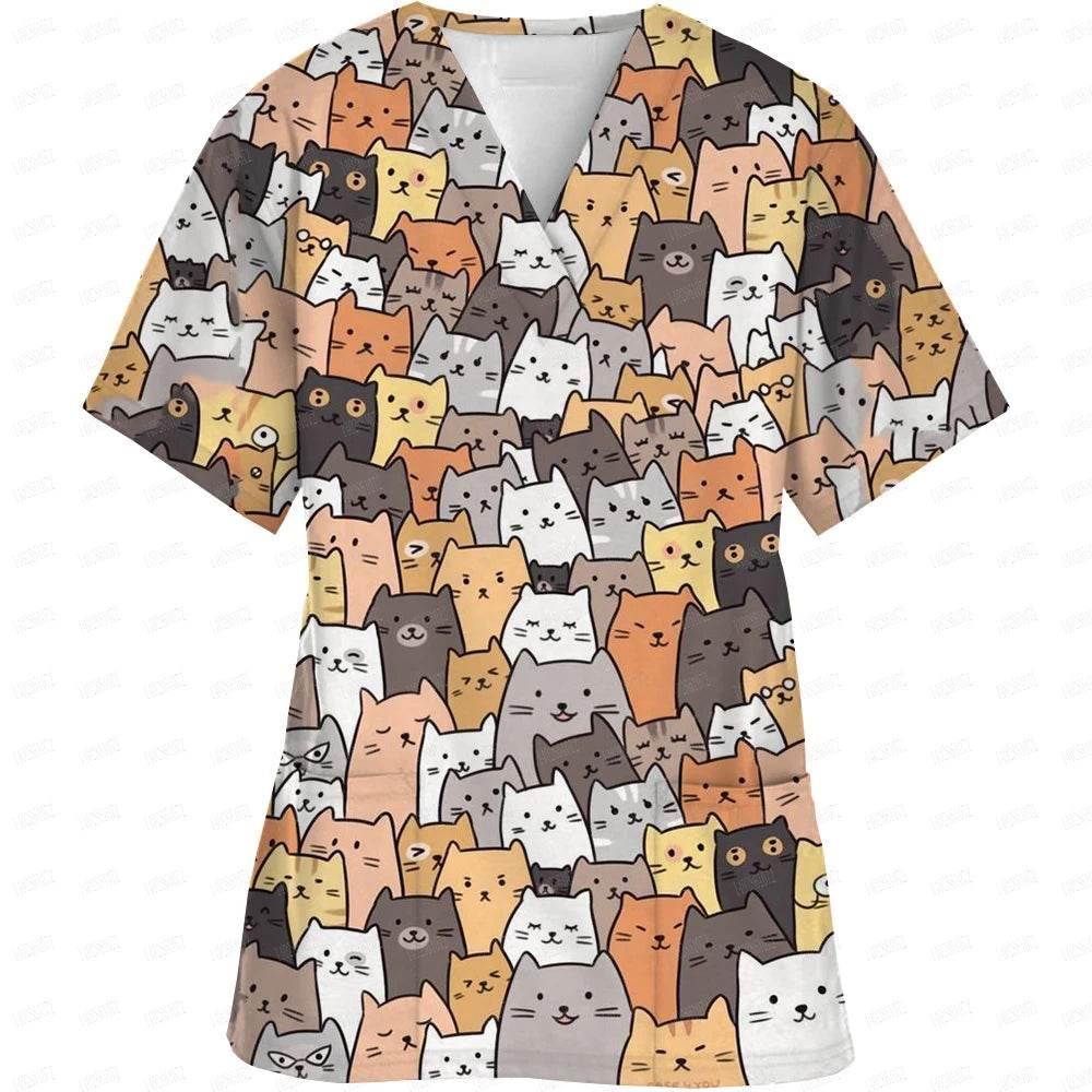 Women Easter Day Nurse Uniform Cartoon Print Short Sleeve V Neck - Empire P.E