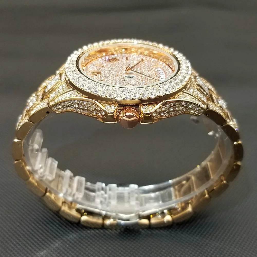 Luxury Shiny Diamond Watch For Men Hip Hop Trendy Iced Out Quartz Watches High Quality Stainless Steel Waterproof Day Date Clock - Empire P.E