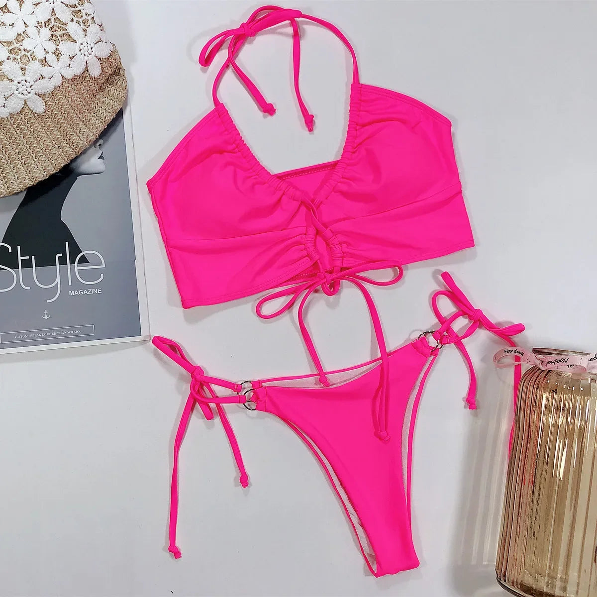 Sexy Leopard Push Up Drawstring Bikini Set