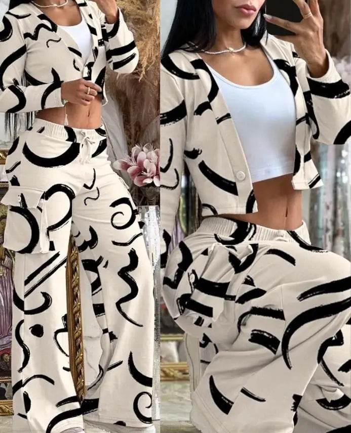 Spring Autumn Solid Slim Suit Women Long Sleeve Single Button V-neck Short Coat Drawstring Mid Waist Pocket Wide-Leg Pants Suit - Empire P.E