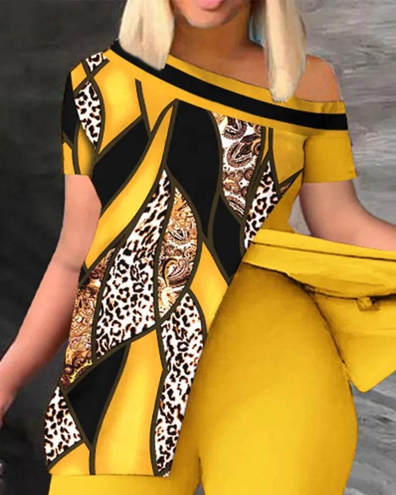 Elegant Women Two Piece Set Suits New Fashion Printed Ruffle Sleeve Top Solid Color Pants Set With Belt Blouses Female Clothing - Empire P.E