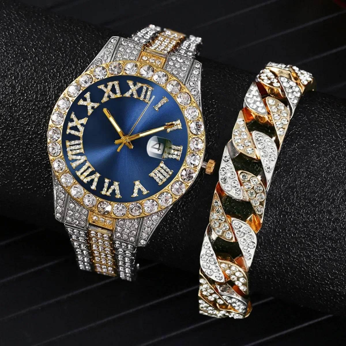 Watch Bracelet Set Hip Hop Stainless Steel Gold Color Calendar Watch for Men Iced Out Paved Rhinestones Men Watch Reloj Hombre - Empire P.E