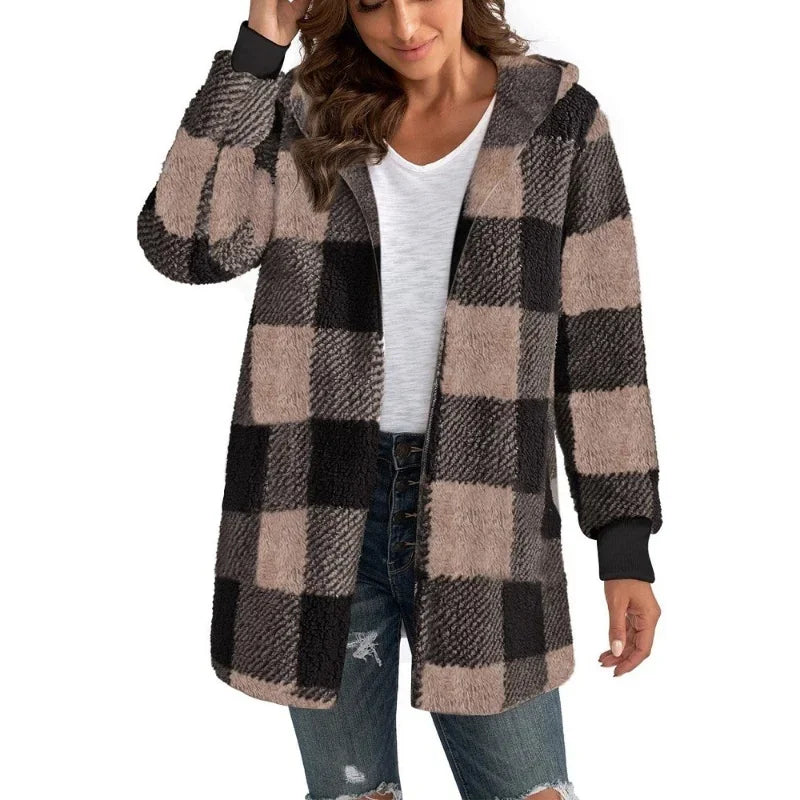 Women Autumn Winter Double Fleece Plaid Outerwear Coat