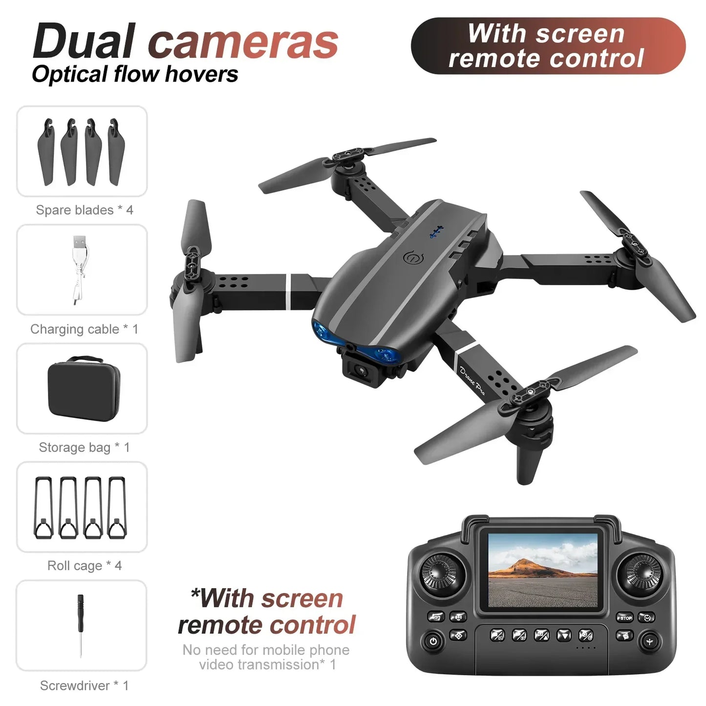 Black E88E99 GT Lighting Big Screen Control Mini Drone Dual Camera - Empire P.E