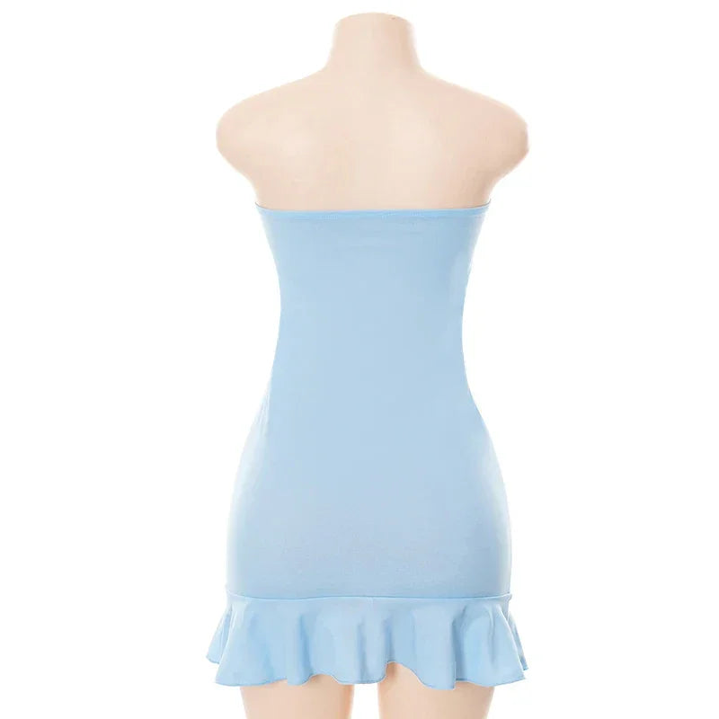 CUTENOVA Women Soft Tender Slight Blue Strapless Wrap Hipster Mini Pleated Dress Pullover Sexy Charm Outfits Girls Dating Wear - Empire P.E