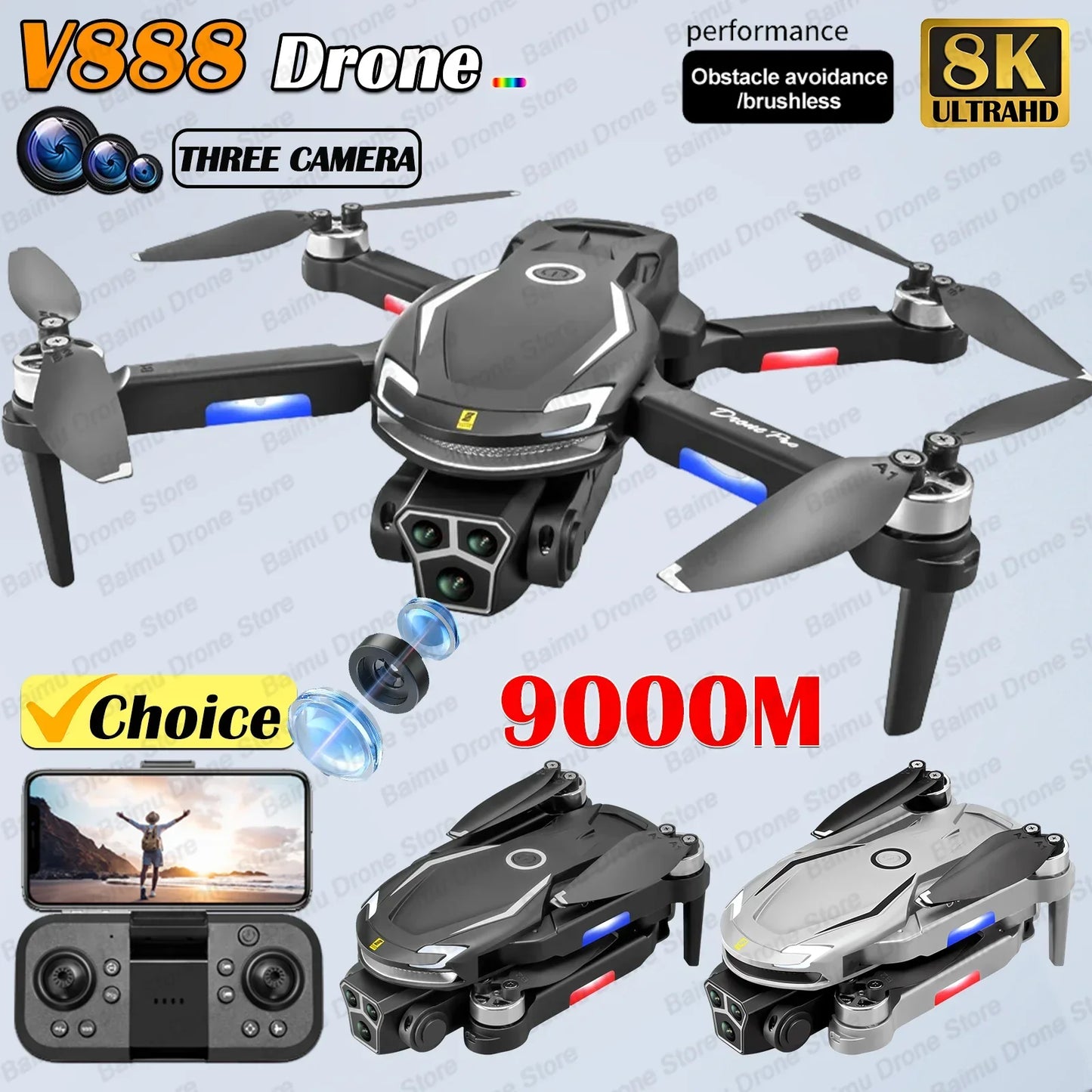 V888 Brushless Drone 8K Professional HD Triple Camera - Empire P.E