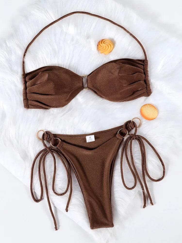 Solid Swimsuit Women Bathing Suit Bandeau Bikini 2024 Biquinis Feminino Swimwear High Waist Bikini Set Beachwear Sexy Bikinis - Empire P.E
