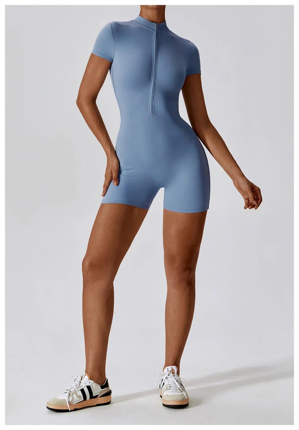 Yoga Set Women's One-Piece Suit Zipper Short Sleeve Gym Push Up Workout Clothes Fitness Short Bodysuit Sportswear Jumpsuits - Empire P.E