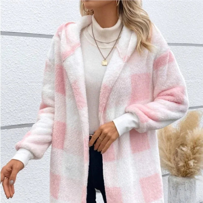 Women Autumn Winter Double Fleece Plaid Outerwear Coat