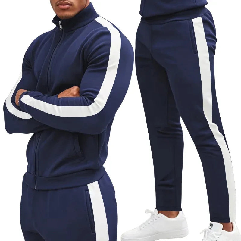 Mens Autumn Fashion Side Striped Jackets And Pants Two Piece Sets