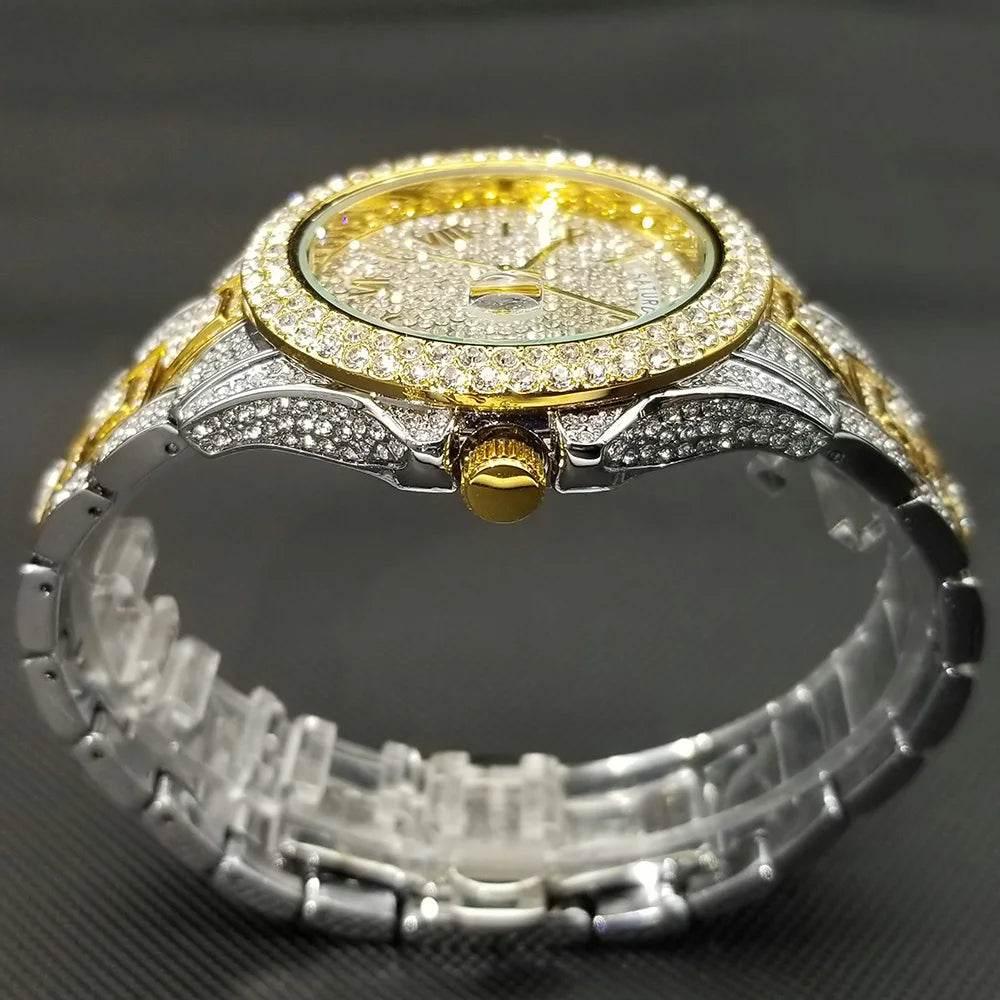 Luxury Shiny Diamond Watch For Men Hip Hop Trendy Iced Out Quartz Watches High Quality Stainless Steel Waterproof Day Date Clock - Empire P.E