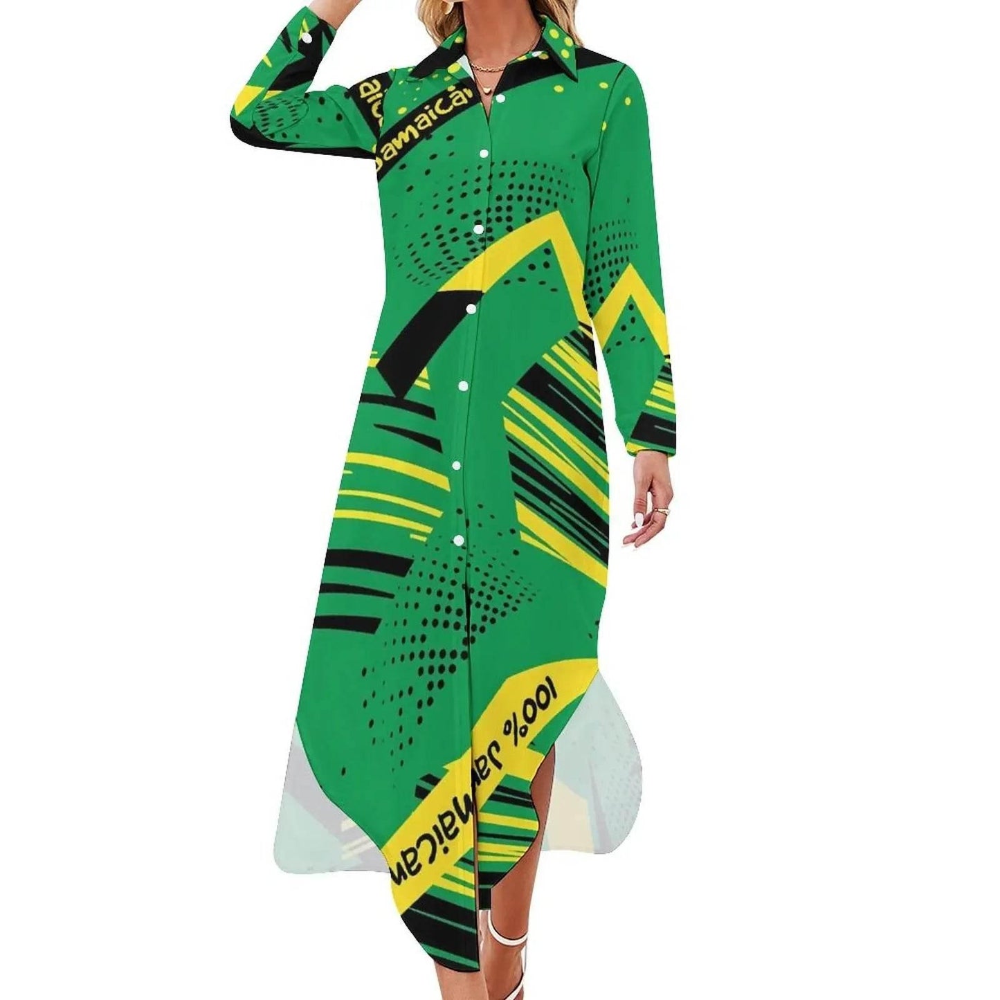 Patriotic Jamaica Flag Chiffon Dress Sexy V Neck Green Yellow Pretty Dresses Ladies Street Wear Casual Dress Gift - Empire P.E
