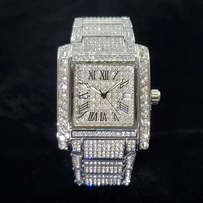 New Luxury Diamond Watch for Men Fashion Ice Out Rectangle Wristwatch - Empire P.E
