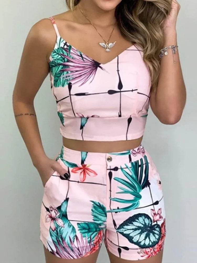 Print Spaghetti Strap Crop Top & Short Sets - Empire P.E