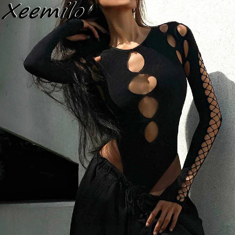 Sexy Dot Hollow Out Bodysuit Y2K Gothic - Empire P.E