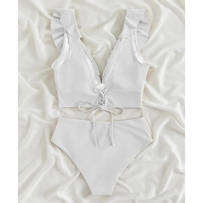 Riseado High Waist Bikinis Set Ruffle Shoulder Sexy Plunging Swimwear Women Bathing Suit Summer Beachwear - Empire P.E