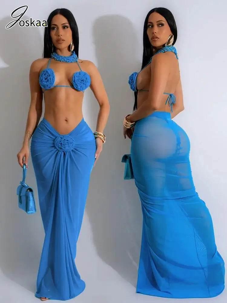 Joskaa Sexy Beach Style Bikini 3 Piece Set Women 3D Flower Halter Bra+Briefs+Sheer Mesh Maxi Skirt Matched 2025 - Empire P.E