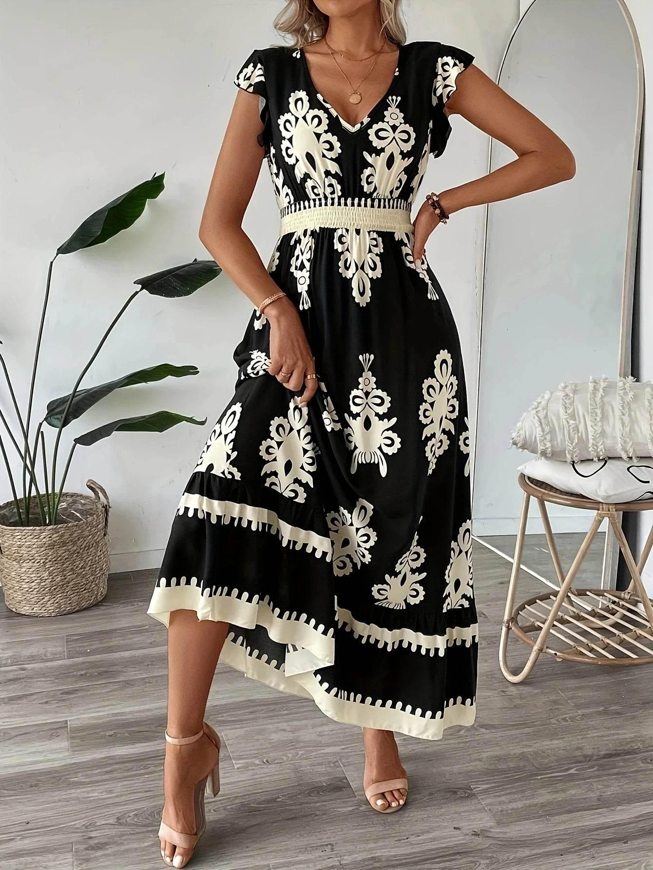 Plus Size Women Elegant V Neck Maxi Dress Geometric Pattern Short Sleeve Pleated Skirt Polyester Casual Outing - Empire P.E