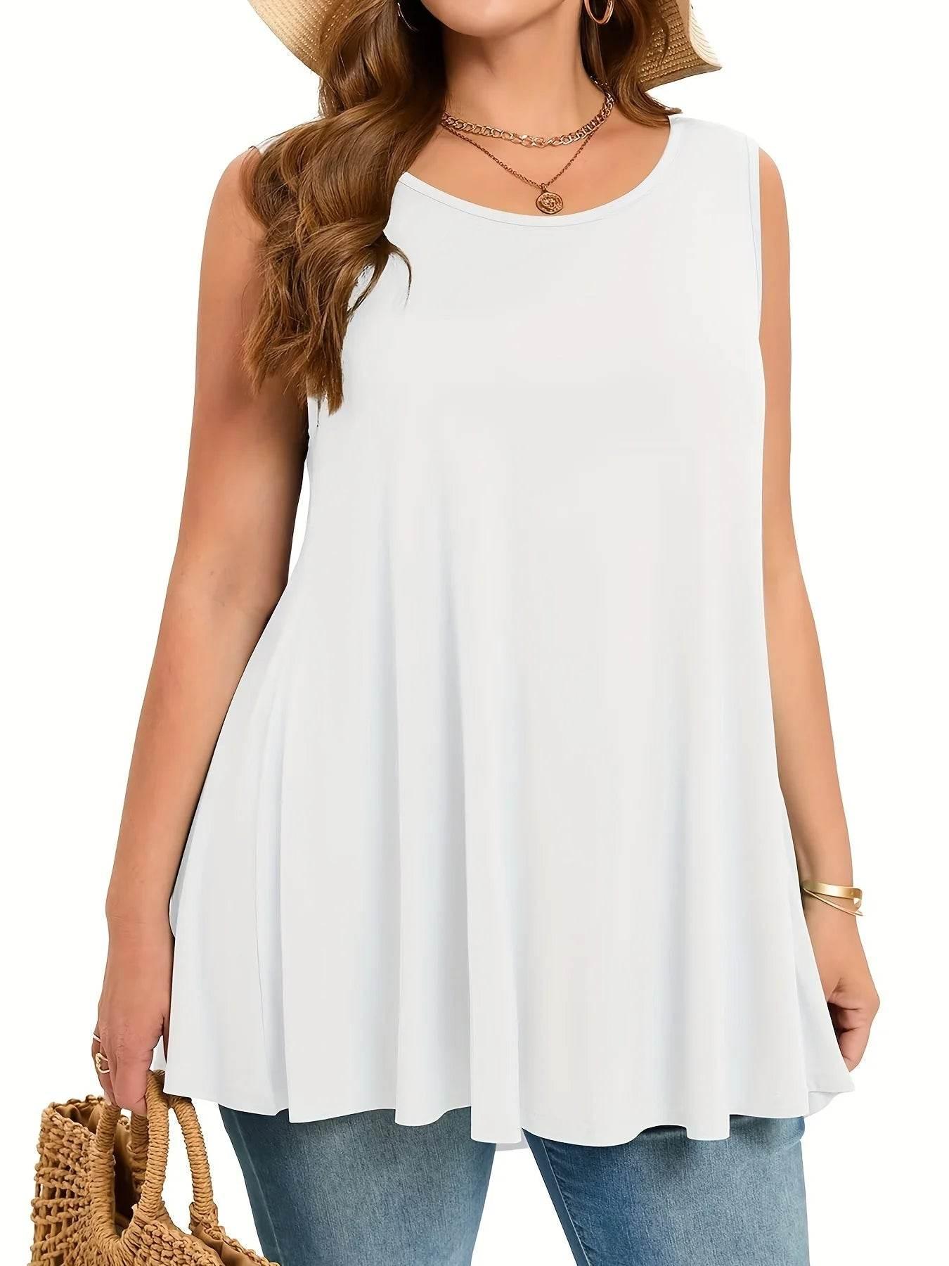 Plus Size Simple Solid Tank Top Casual Crew Neck Sleeveless Tank Top - Empire P.E