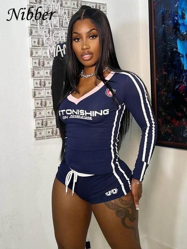 Nibber Women Tracksuit 2 Piece Set Stroke Tight Hipster Letter Print Sporty Casual Crop Tops+Shorts Vitality Matching Outfits - Empire P.E