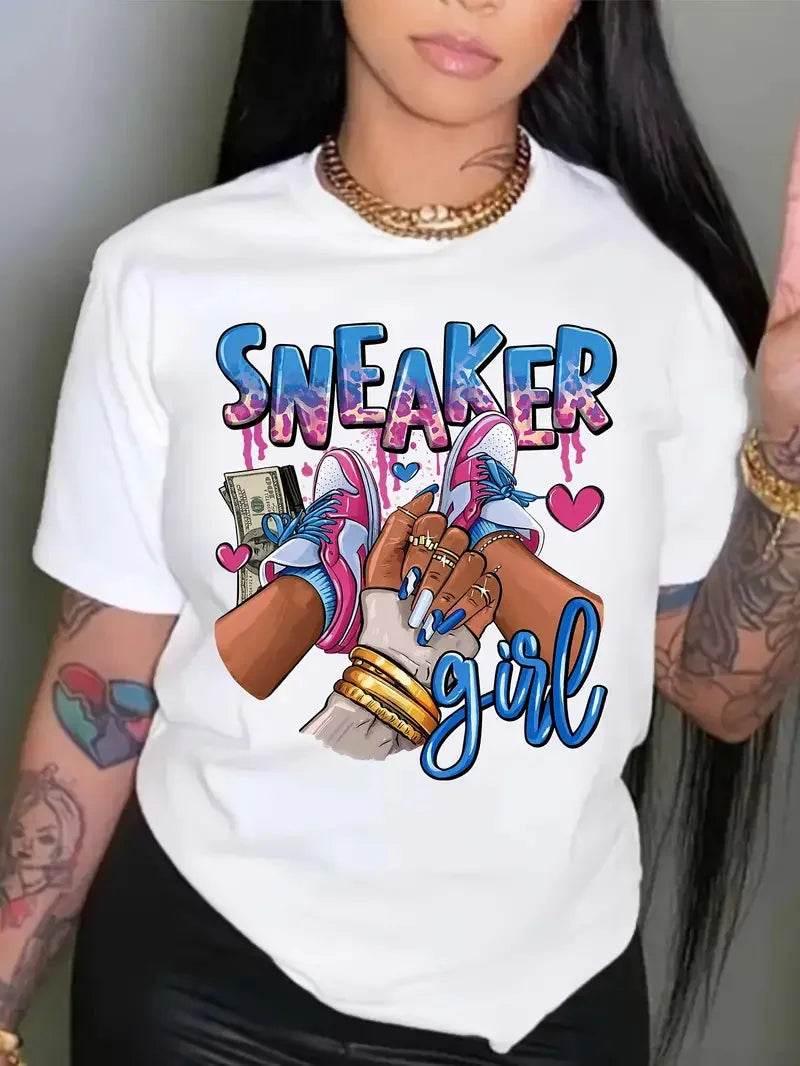 Plus Size Sneaker Girl Graphic Print T-shirt, Casual Short Sleeve Crew Neck Top, Women's Clothing - Empire P.E