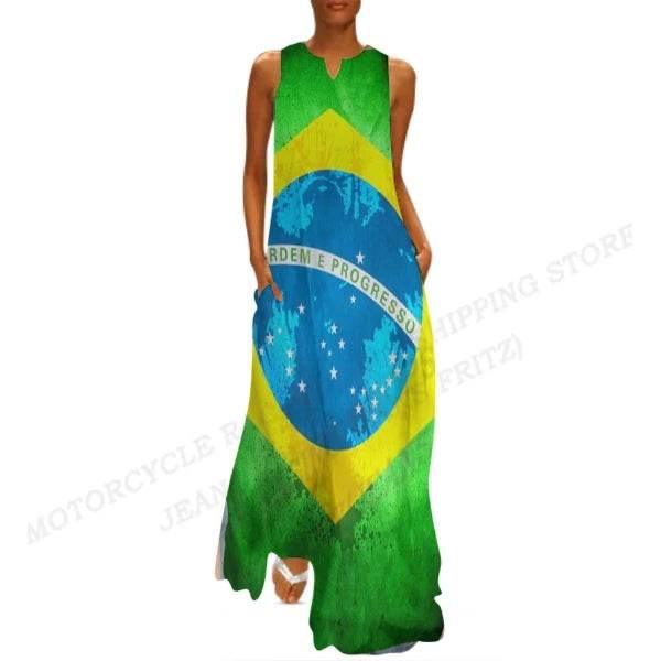 Brazil Flag Dress Women Fashion V-neck Long Dress Party Evening Casual Brasil Women Dresses Elegant Boho Maxi Vestido Beach Robe - Empire P.E